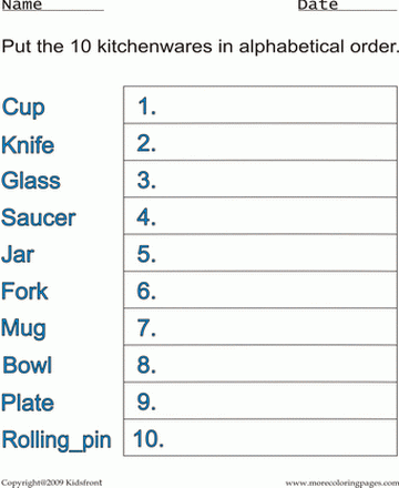 Kitchenware Alphabetical Worksheet Sheet