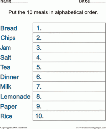 Meals Alphabetical Worksheet Sheet