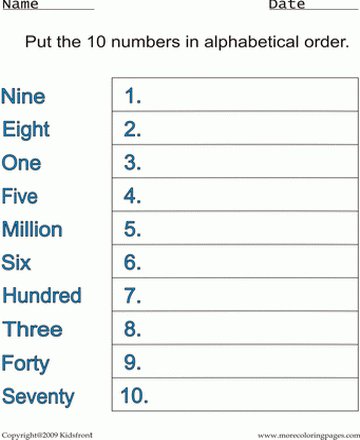 Numbers Alphabetical Worksheet Sheet
