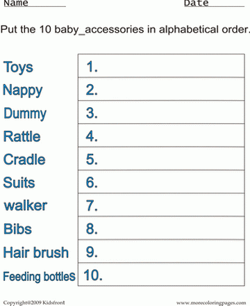 Baby Accessories Alphabetical Worksheet Sheet