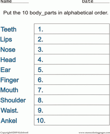 Body Parts Alphabetical Worksheet Sheet