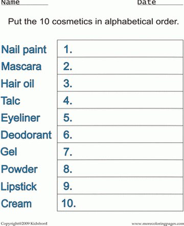 Cosmetics Alphabetical Worksheet Sheet