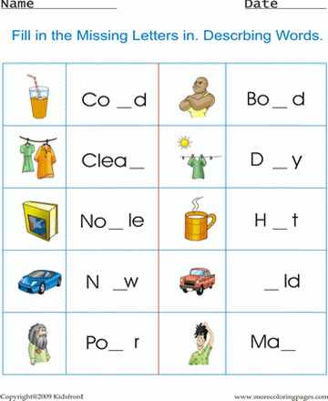 Descrbing Words Worksheet Sheet