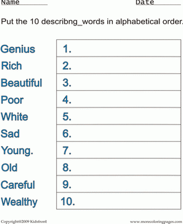 Describing Words Alphabetical Worksheet Sheet