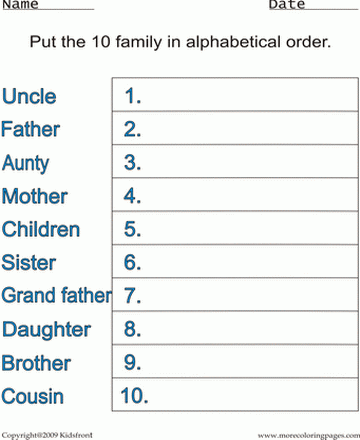 Family Alphabetical Worksheet Sheet