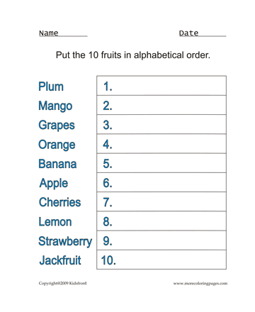 Fruits Alphabetical Worksheet Sheet