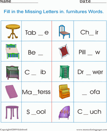 Furniture Worksheet Sheet