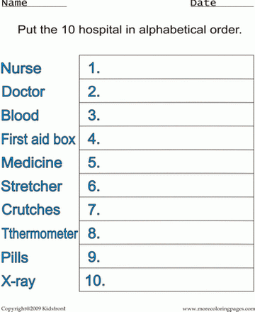 Hospital Alphabetical Worksheet Sheet