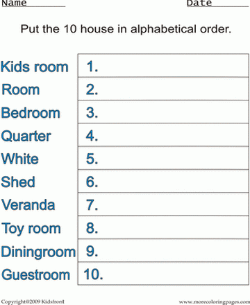House Alphabetical Worksheet Sheet