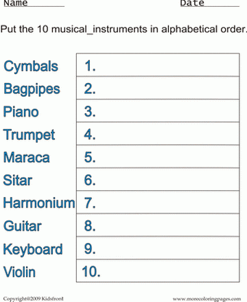 Musical Instruments Alphabetical Worksheet Sheet