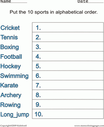 Sports Alphabetical Worksheet Sheet