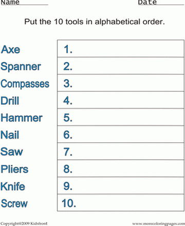 Tools Alphabetical Worksheet Sheet