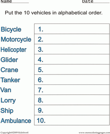Vehicles Alphabetical Worksheet Sheet
