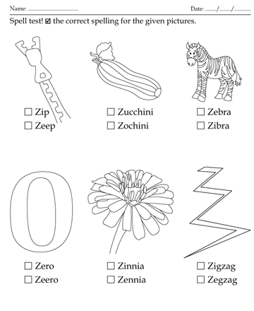 Spelling Test Letter Start With Z Sheet